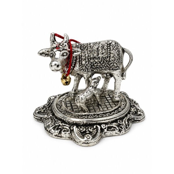 Kamdhenu Cow with Calf Idol | Silver Finish Metal Gau Mata Statue for Home Temple & Pooja