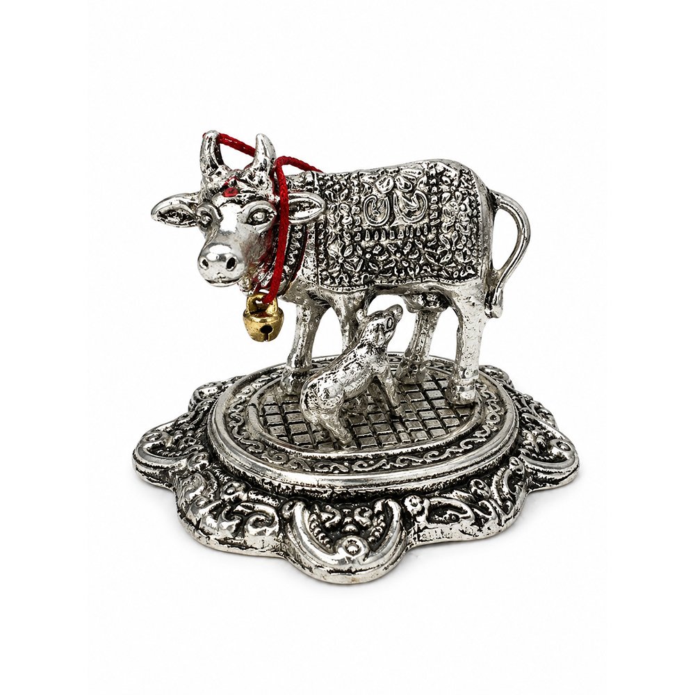 Kamdhenu Cow with Calf Idol | Silver Finish Metal Gau Mata Statue for Home Temple & Pooja
