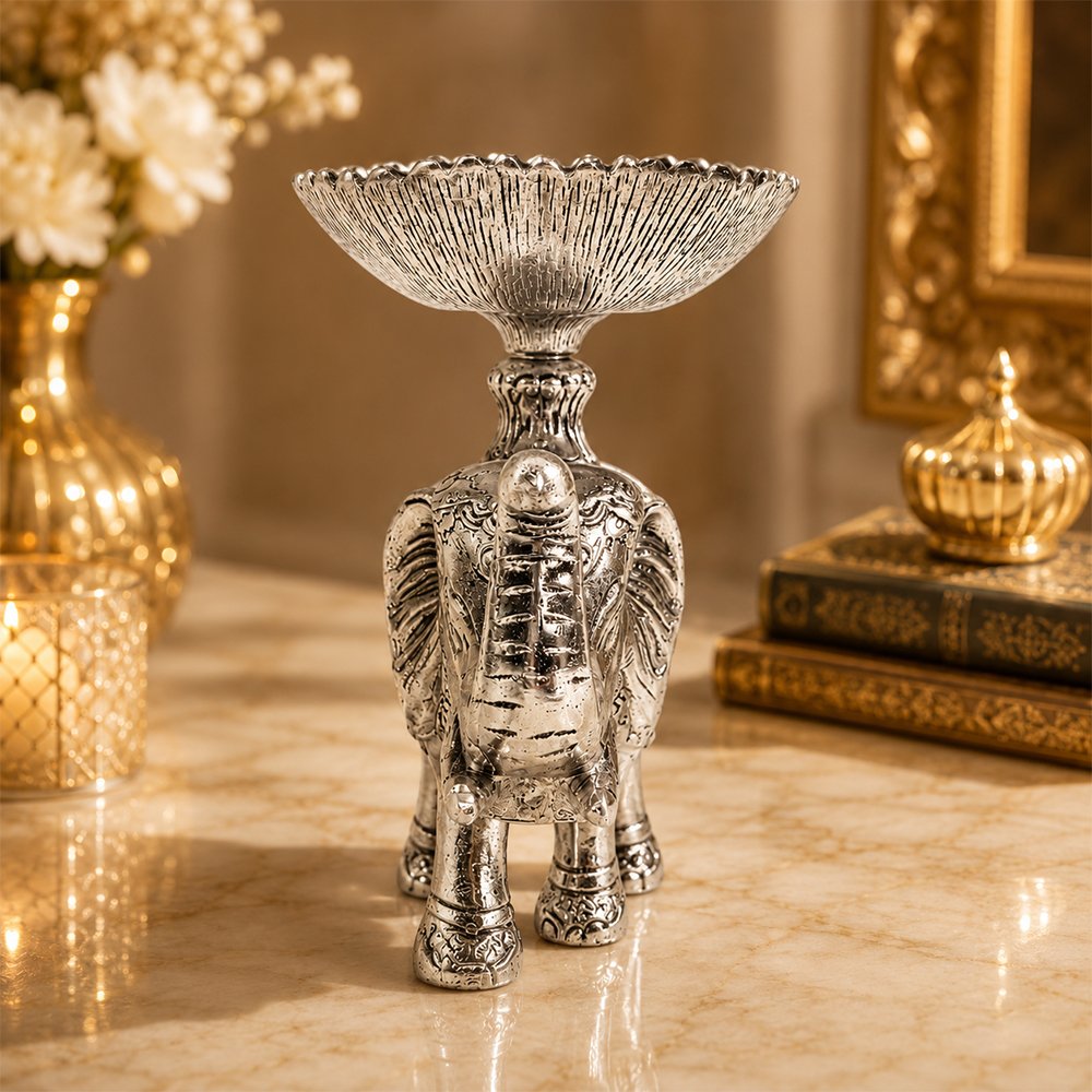 Premium Silver Plated Elephant Dry Fruit Bowl with Decorative Serving Tray – Luxury Handcrafted Centerpiece