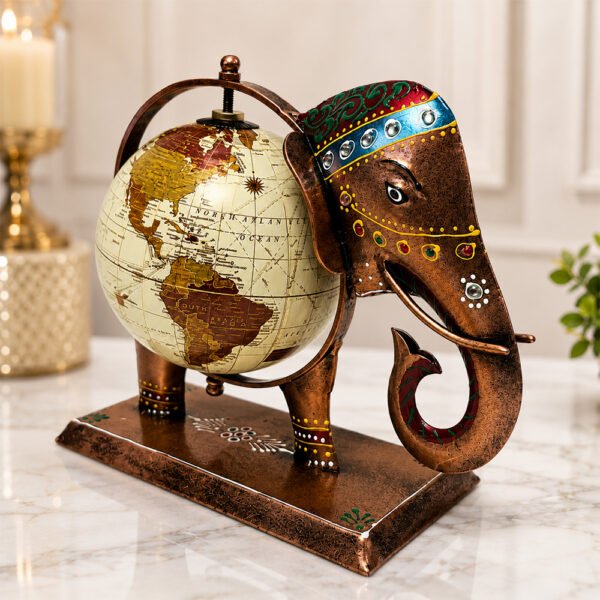 Handcrafted Elephant Globe Showpiece – Vintage World Globe Table Decor for Home & Office