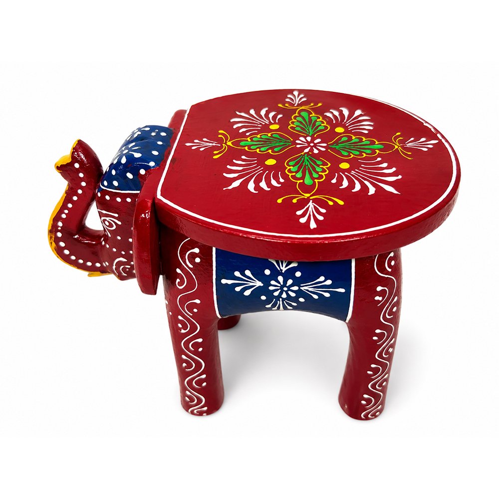 Handcrafted Wooden Elephant Stool | Traditional Rajasthani Hand-Painted Decorative Side Stool