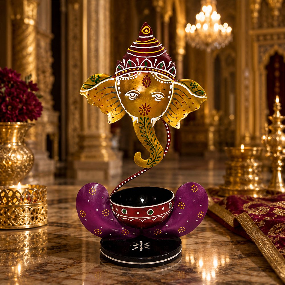 Handcrafted Lord Ganesha Hand-Painted Metal Diya Stand – Decorative Pooja Oil Lamp Holder