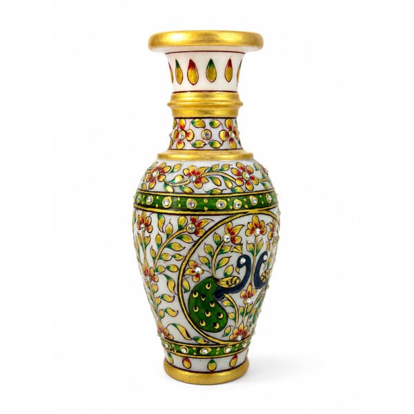Handcrafted Marble Peacock Flower Vase with Kundan Work – Decorative Home & Table Vase