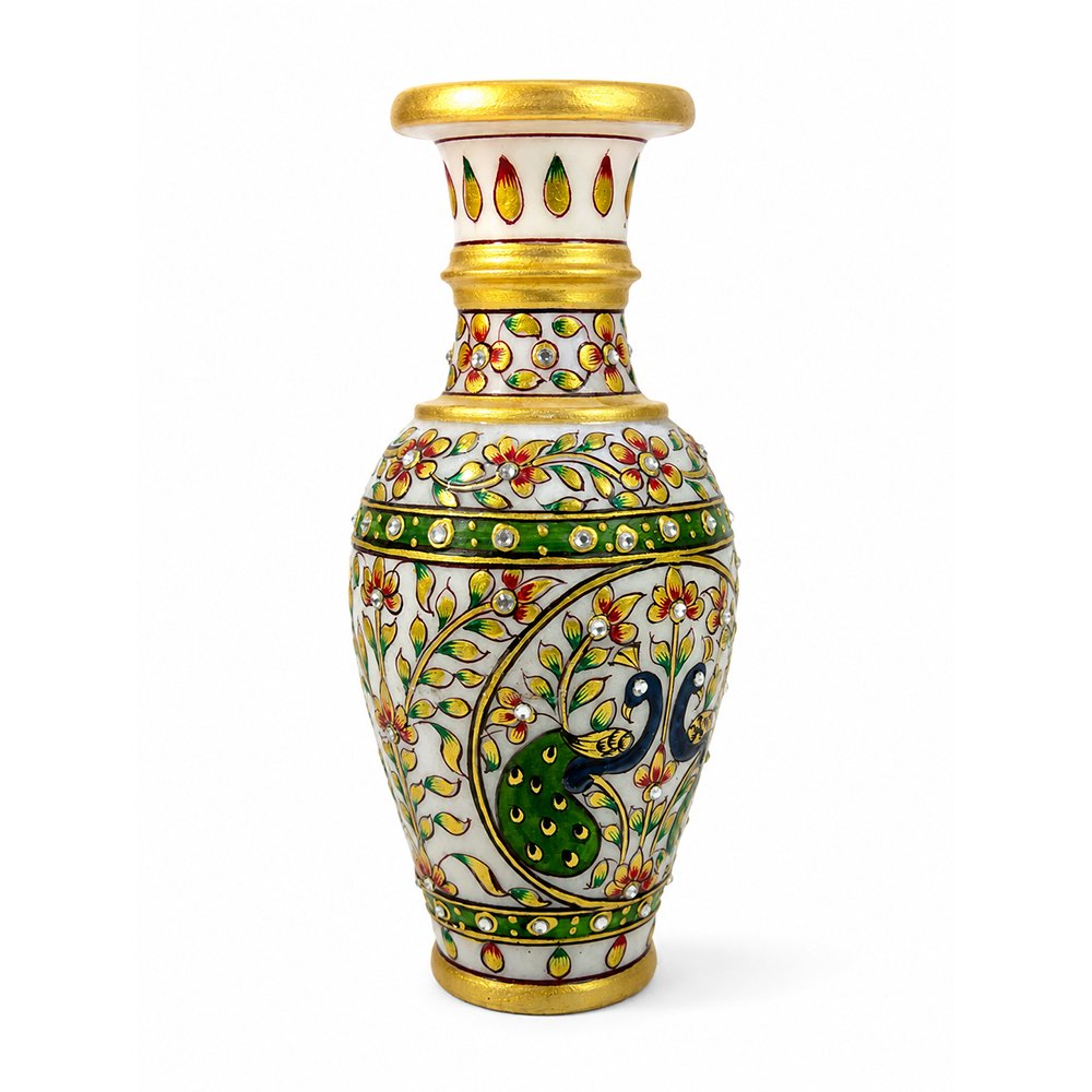 Handcrafted Marble Peacock Flower Vase with Kundan Work – Decorative Home & Table Vase