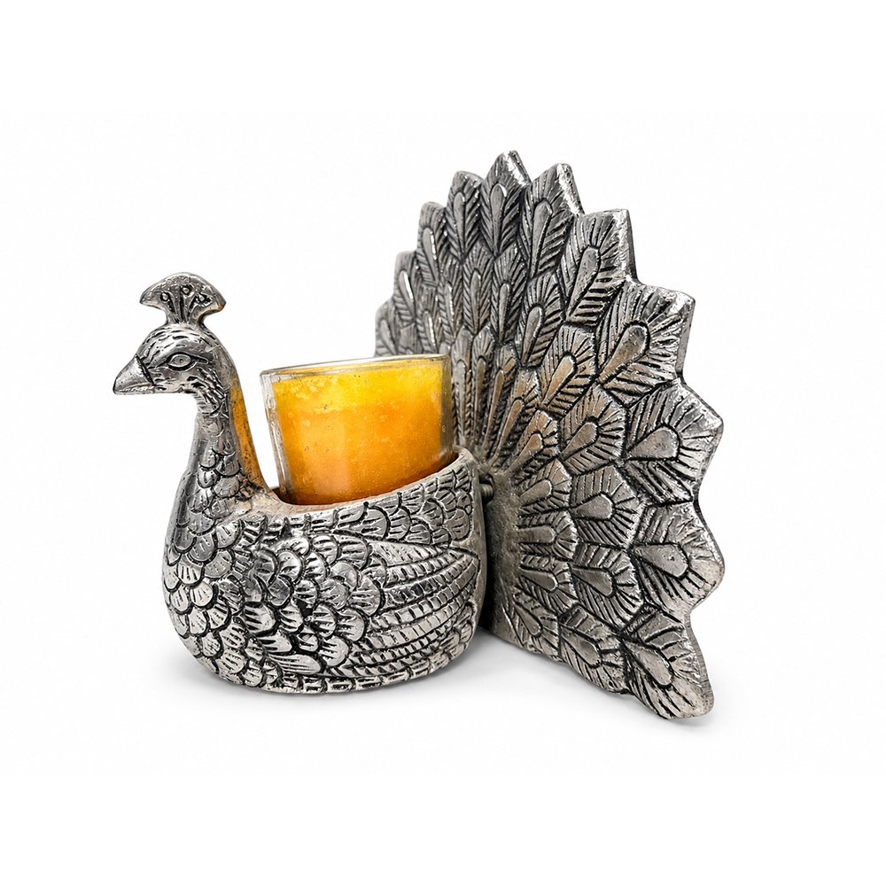 Premium Silver Plated Peacock Tealight Candle Holder | Decorative Devotional Candle Stand for Home Temple & Living Room
