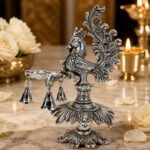 Premium Peacock Three-Wick Aarti Diya with Hanging Bells | Silver Finish Metal Pooja Lamp for Home Temple