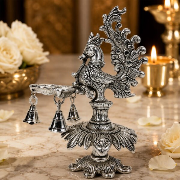 Premium Peacock Three-Wick Aarti Diya with Hanging Bells | Silver Finish Metal Pooja Lamp for Home Temple