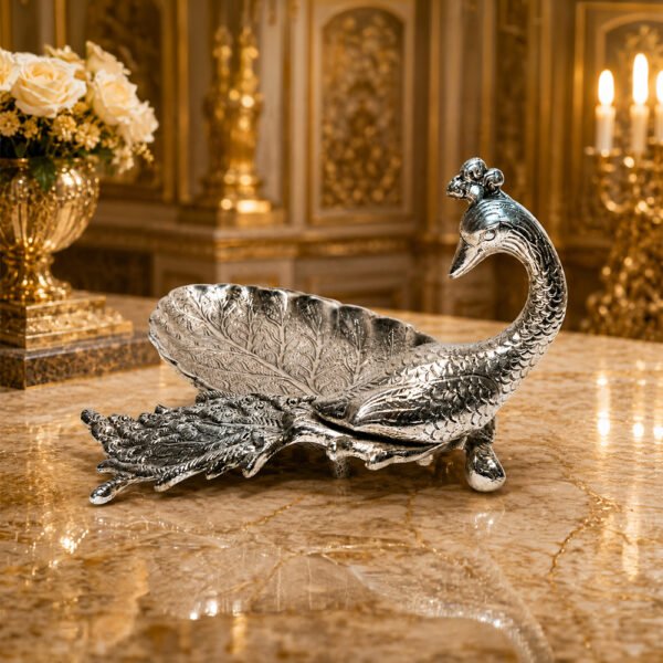 Handcrafted Silver Finish Peacock Leaf Decorative Tray – Premium Metal Serving & Dry Fruit Platter for Home Decor