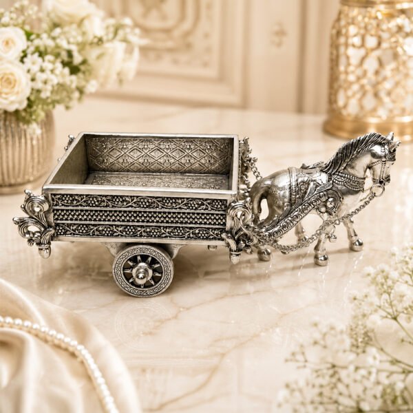 Handcrafted Silver Finish Horse Cart Dry Fruit Box with Peacock Lid – Decorative Serving & Gift Box
