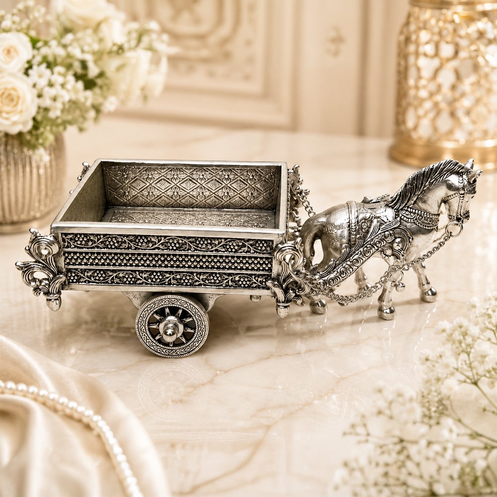 Handcrafted Silver Finish Horse Cart Dry Fruit Box with Peacock Lid – Decorative Serving & Gift Box