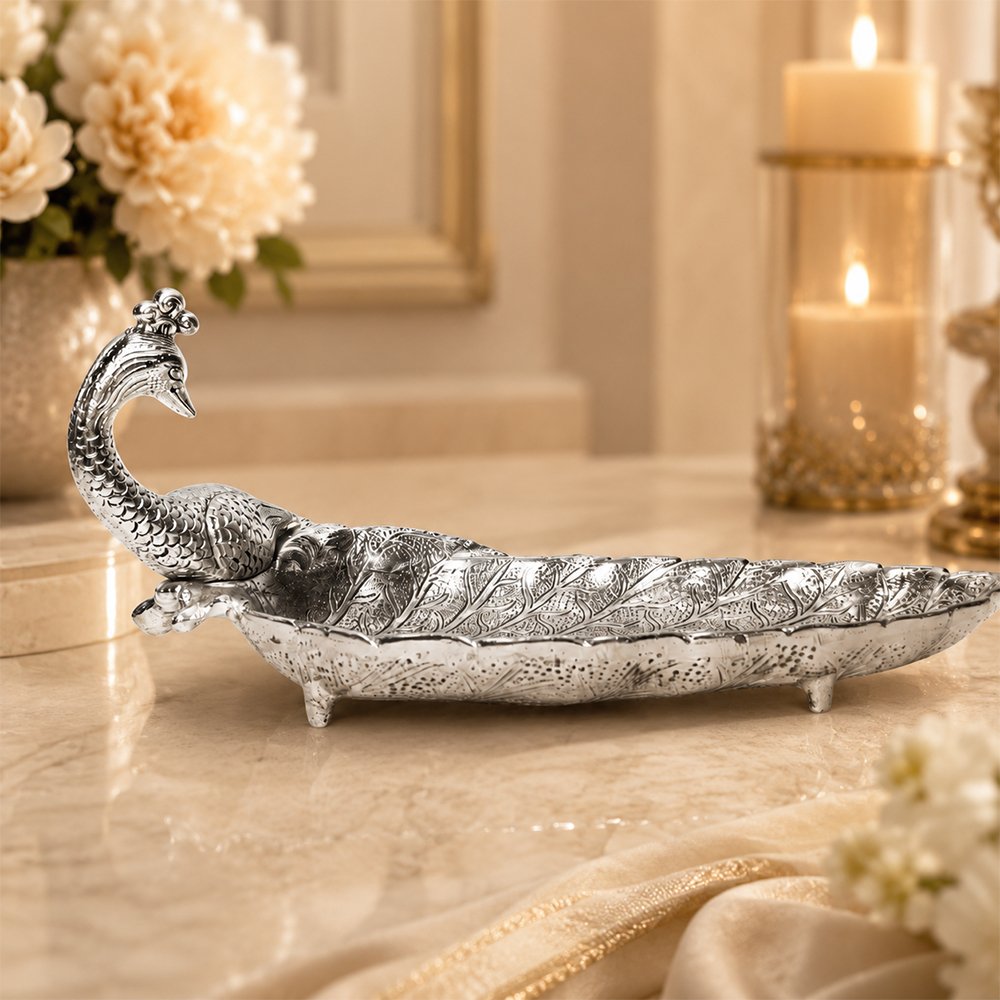 Handcrafted Silver Finish Peacock Leaf Decorative Tray – Premium Metal Serving & Dry Fruit Platter for Home Decor