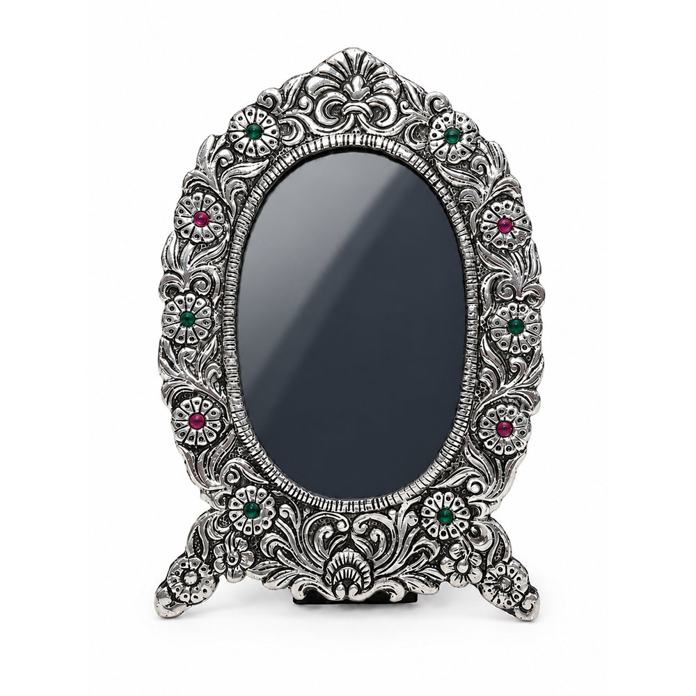 Premium Silver Plated Decorative Shringar Mirror for Thakur Ji & Dressing Table | Handcrafted Oval Makeup Mirror