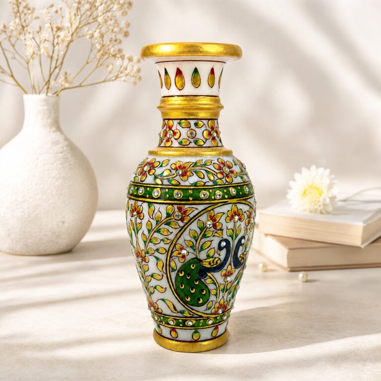 Handcrafted Marble Peacock Flower Vase with Kundan Work – Decorative Home & Table Vase