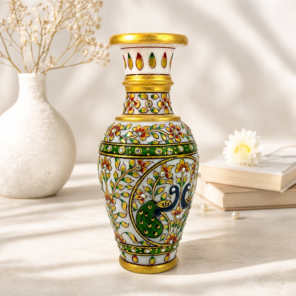 Handcrafted Marble Peacock Flower Vase with Kundan Work – Decorative Home & Table Vase