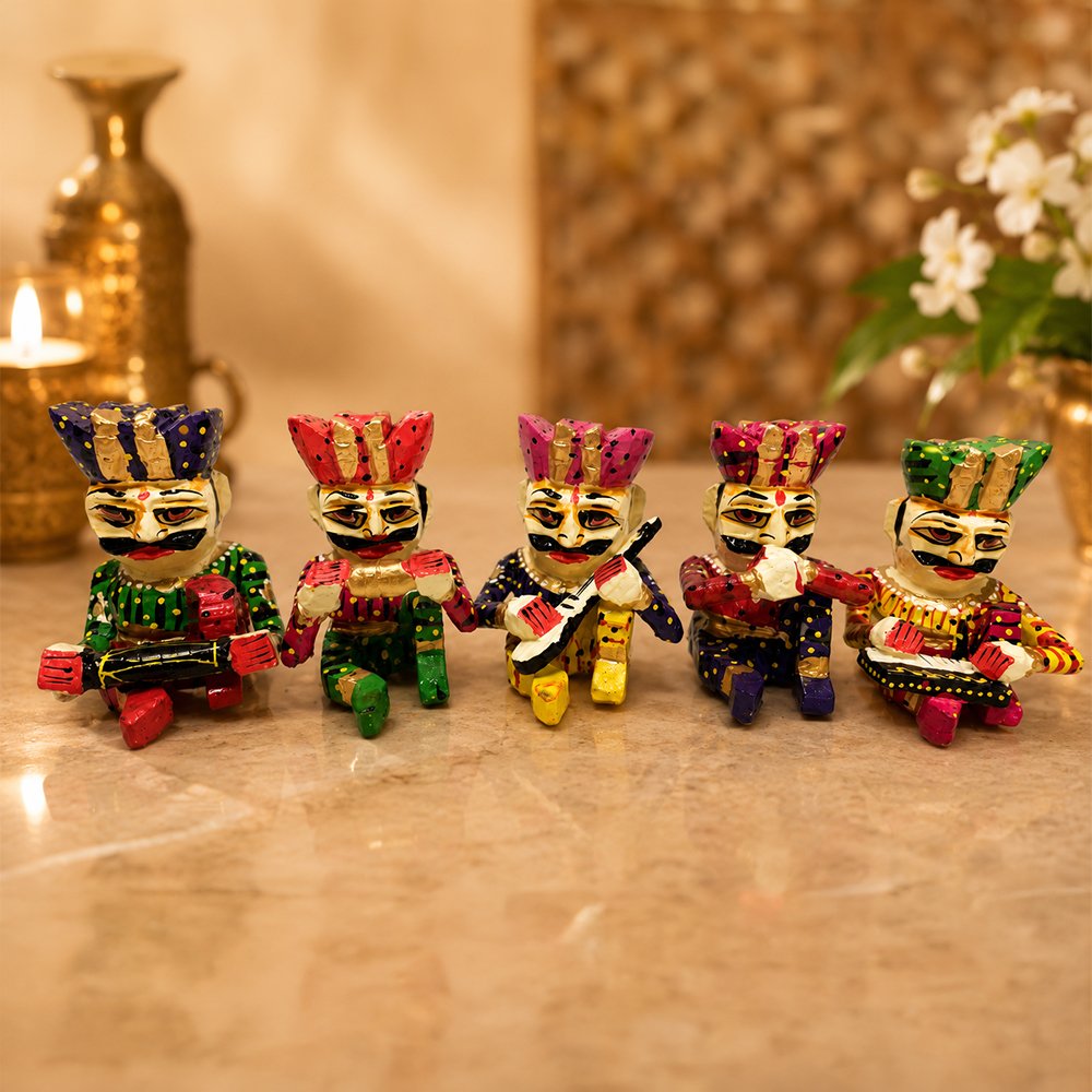 Handcrafted Rajasthani Wooden Folk Musician Figurine Set | Traditional Indian Musical Decor