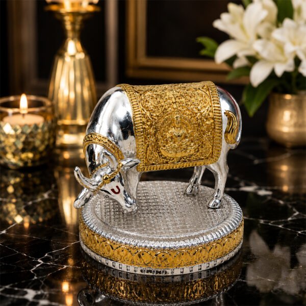 Premium Silver & Gold Kamdhenu Cow Statue with Goddess Lakshmi | Vastu & Home Temple Decor