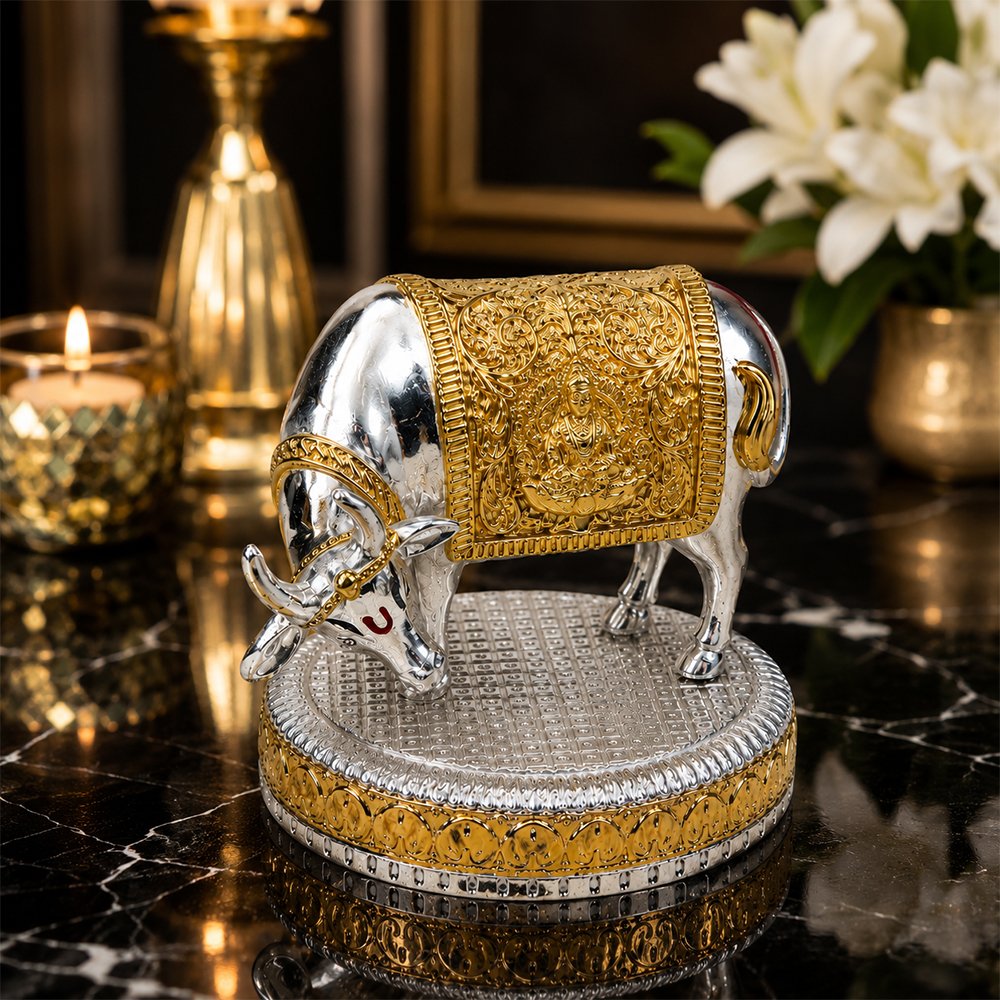 Premium Silver & Gold Kamdhenu Cow Statue with Goddess Lakshmi | Vastu & Home Temple Decor