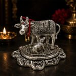 Kamdhenu Cow with Calf Idol | Silver Finish Metal Gau Mata Statue for Home Temple & Pooja