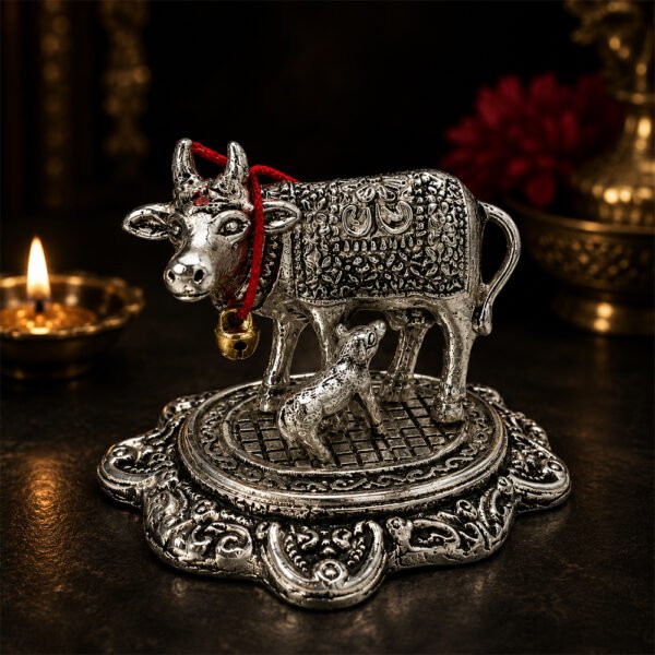Kamdhenu Cow with Calf Idol | Silver Finish Metal Gau Mata Statue for Home Temple & Pooja