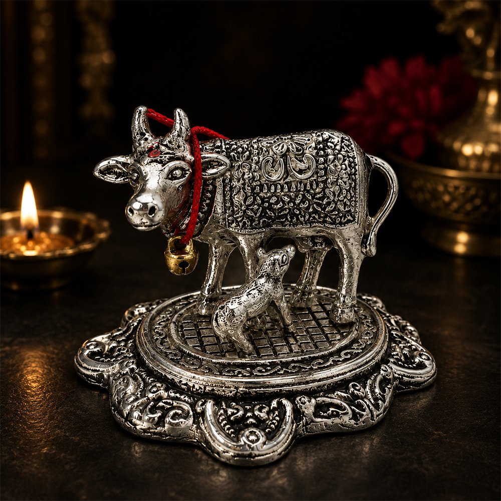 Kamdhenu Cow with Calf Idol | Silver Finish Metal Gau Mata Statue for Home Temple & Pooja