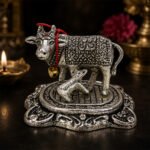 Kamdhenu Cow with Calf Idol | Silver Finish Metal Gau Mata Statue for Home Temple & Pooja