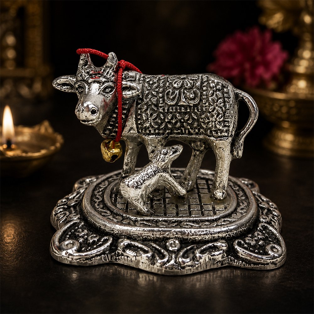 Kamdhenu Cow with Calf Idol | Silver Finish Metal Gau Mata Statue for Home Temple & Pooja
