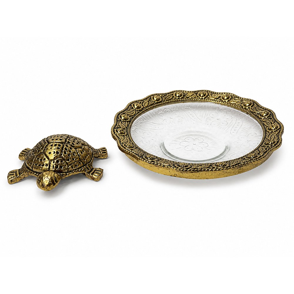 Premium Decorative Turtle Urli Bowl with Glass Plate – Vastu Feng Shui Tortoise for Home Decor