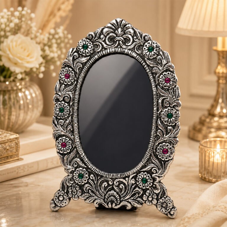 Premium Silver Plated Decorative Shringar Mirror for Thakur Ji & Dressing Table | Handcrafted Oval Makeup Mirror