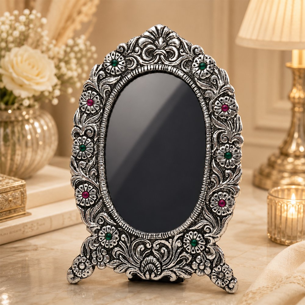 Premium Silver Plated Decorative Shringar Mirror for Thakur Ji & Dressing Table | Handcrafted Oval Makeup Mirror