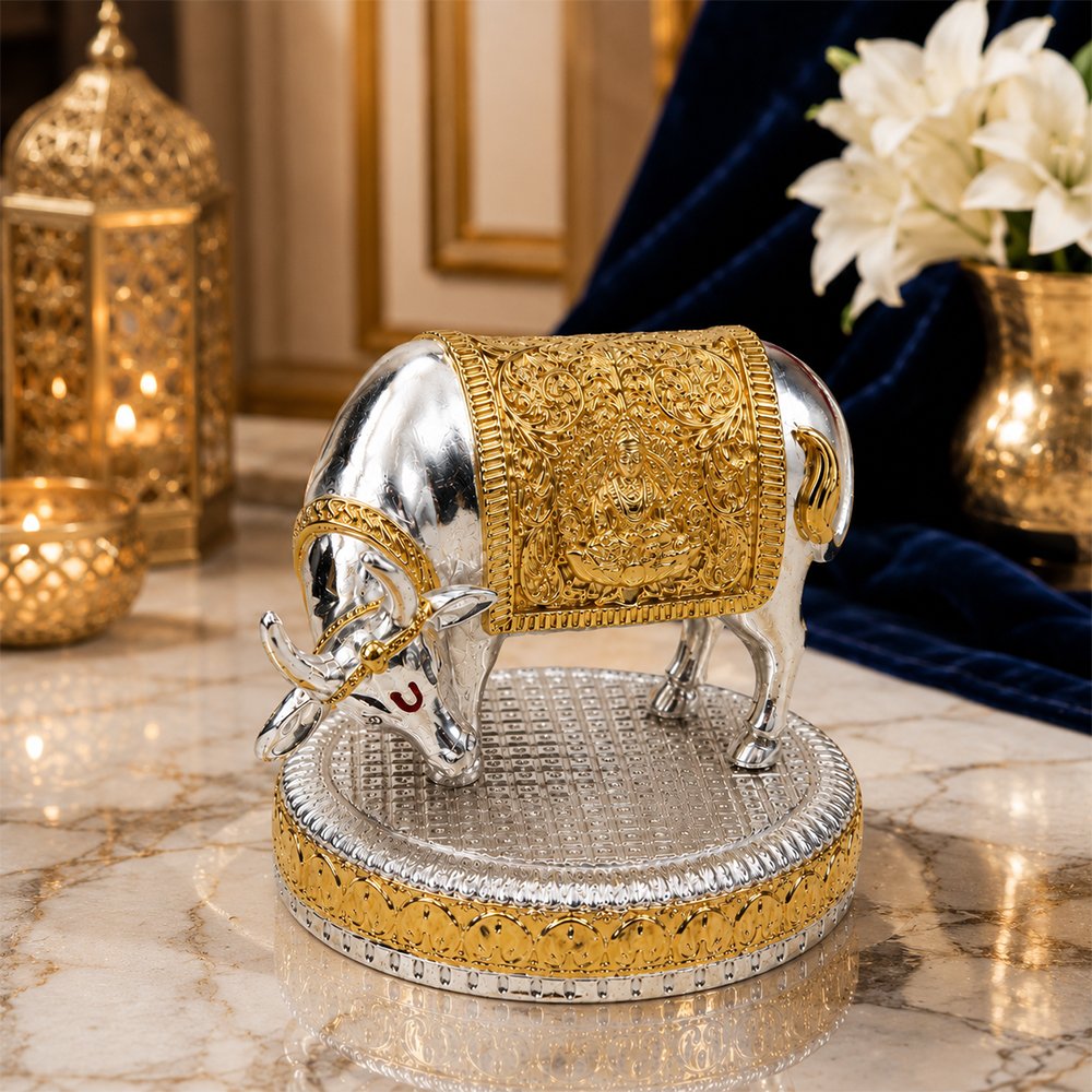Premium Silver & Gold Kamdhenu Cow Statue with Goddess Lakshmi | Vastu & Home Temple Decor