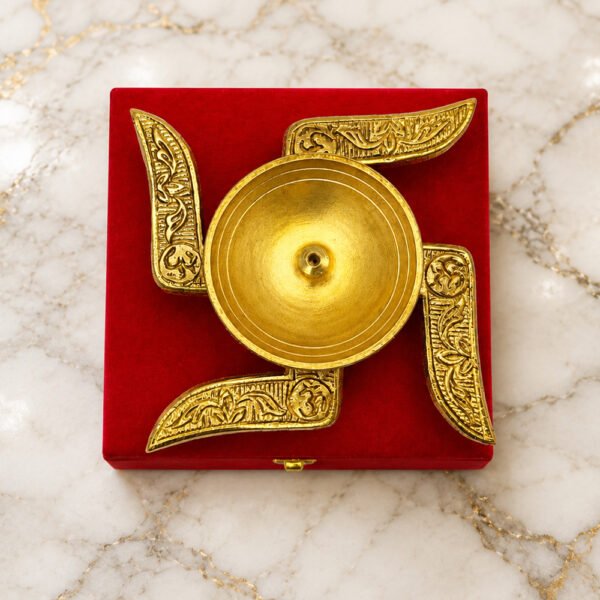 Premium Brass Swastik Akhand Diya with Velvet Gift Box | Traditional Pooja Oil Lamp for Home Temple