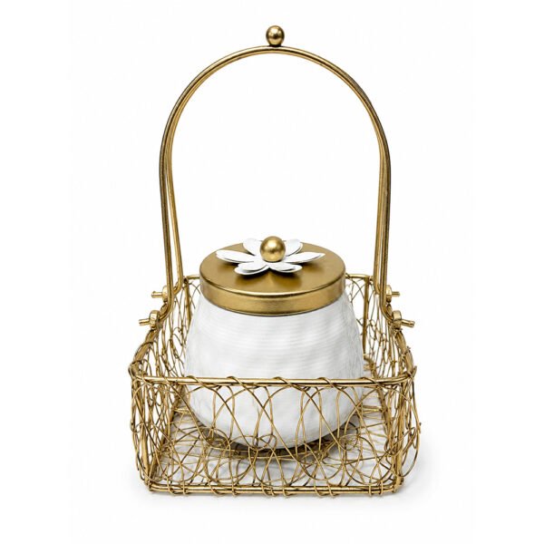 Luxury Decorative Storage Jar with Gold Metal Basket | Elegant Kitchen & Tabletop Organizer