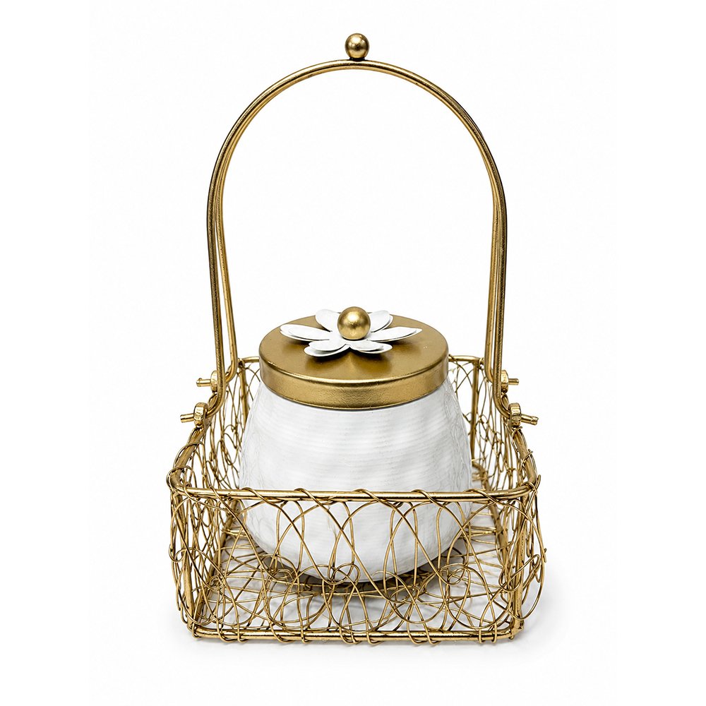 Luxury Decorative Storage Jar with Gold Metal Basket | Elegant Kitchen & Tabletop Organizer