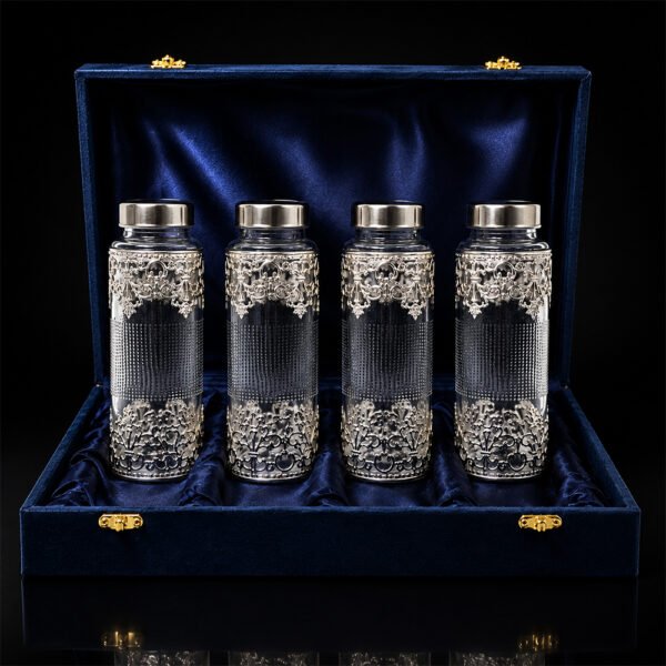 Premium Silver Embossed Glass Storage Jar Set of 4 with Luxury Velvet Gift Box – Kitchen & Dry Fruit Container Set