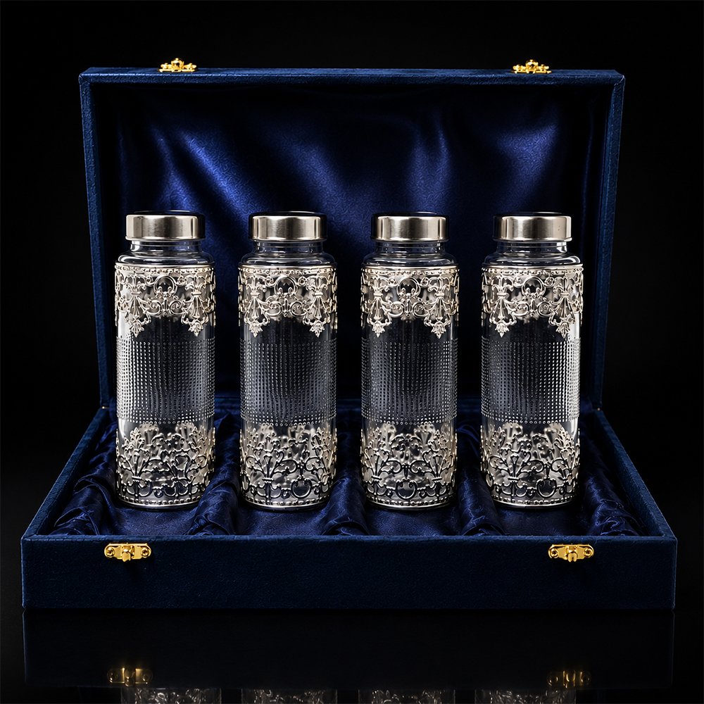 Premium Silver Embossed Glass Storage Jar Set of 4 with Luxury Velvet Gift Box – Kitchen & Dry Fruit Container Set