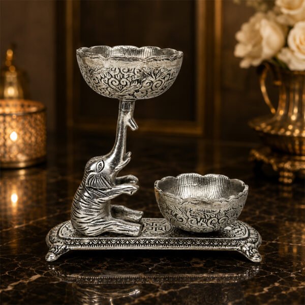 Premium Elephant Dry Fruit & Mukhwas Serving Bowl Set with Dual Bowls – Silver Plated Decorative Snack Server