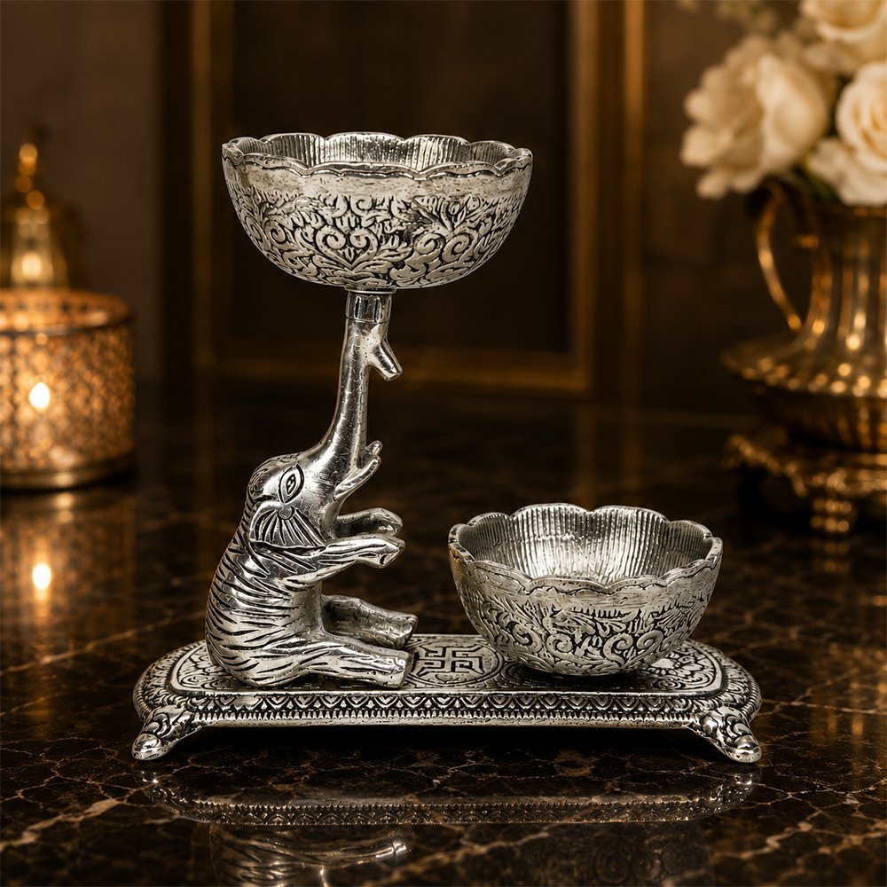 Premium Elephant Dry Fruit & Mukhwas Serving Bowl Set with Dual Bowls – Silver Plated Decorative Snack Server