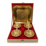 Premium Gold Plated Dry Fruit Serving Set with Tray & 4 Bowls with Spoons in Wooden Gift Box