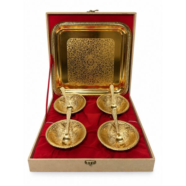 Premium Gold Plated Dry Fruit Serving Set with Tray & 4 Bowls with Spoons in Wooden Gift Box