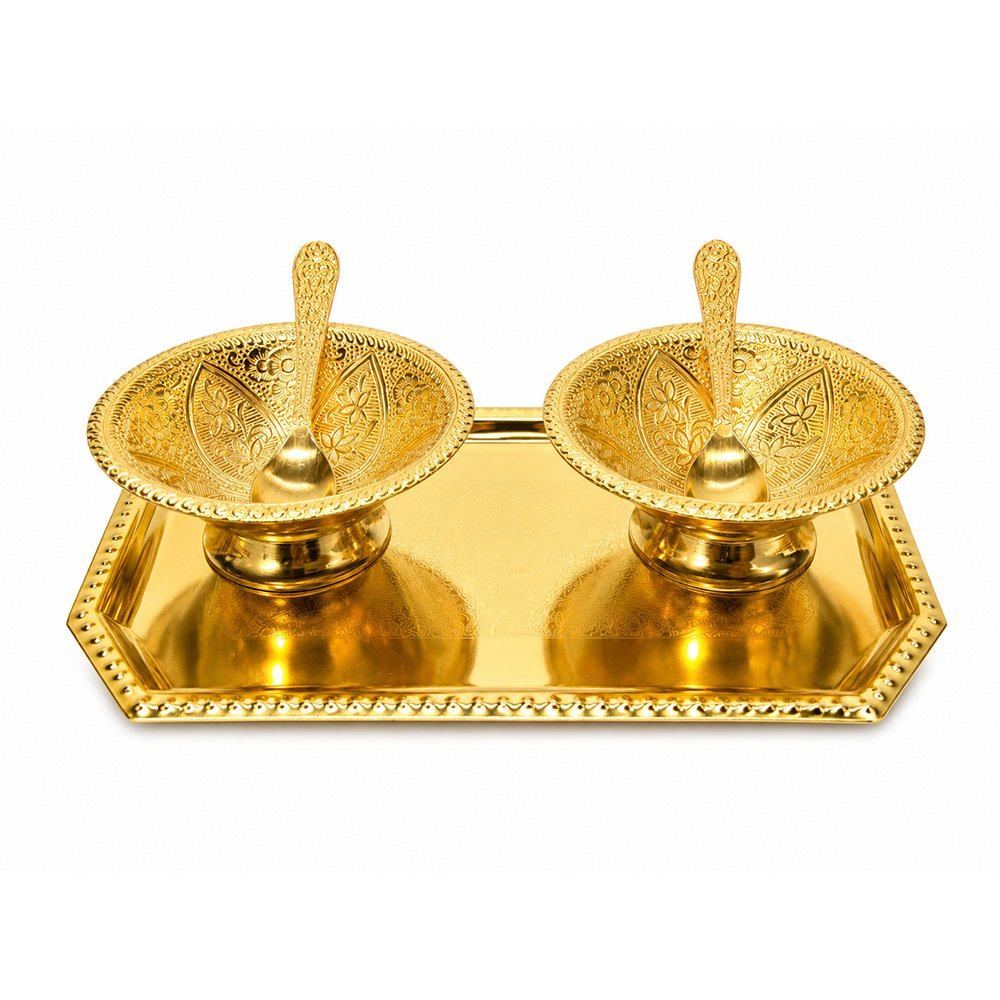 Gold Plated Prasadi Bhog Thali Set with 2 Bowls, Spoons & Serving Tray in Premium Gift Box