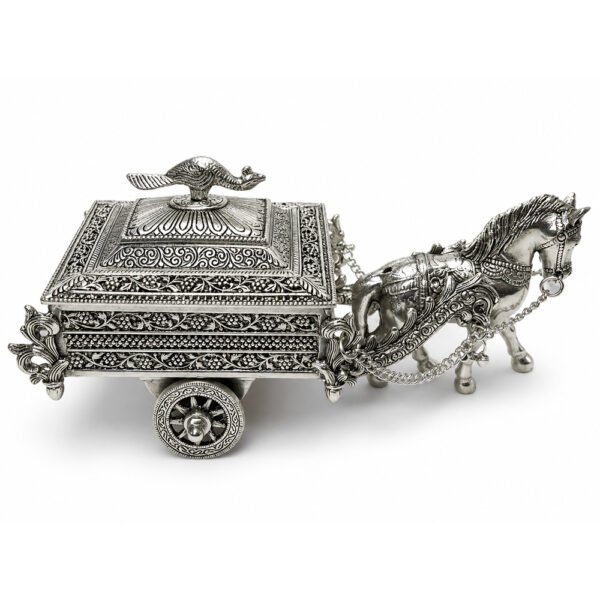 Handcrafted Silver Finish Horse Cart Dry Fruit Box with Peacock Lid – Decorative Serving & Gift Box