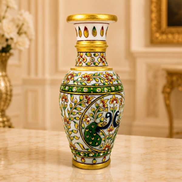 Handcrafted Marble Peacock Flower Vase with Kundan Work – Decorative Home & Table Vase