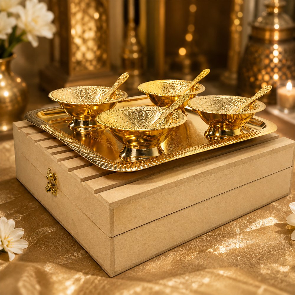 Premium Gold Plated Dry Fruit Serving Set with Tray & 4 Bowls with Spoons in Wooden Gift Box