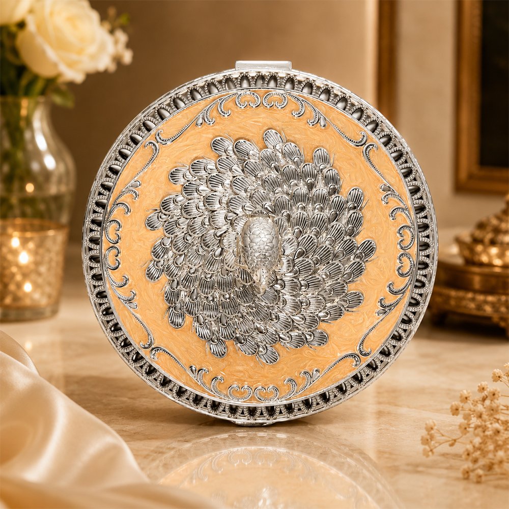 Premium Peacock Design Dry Fruit Box with 4 Compartments – Decorative Silver Plated Serving & Gift Box