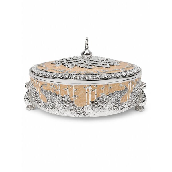 Premium Peacock Design Dry Fruit Box with 4 Compartments – Decorative Silver Plated Serving & Gift Box