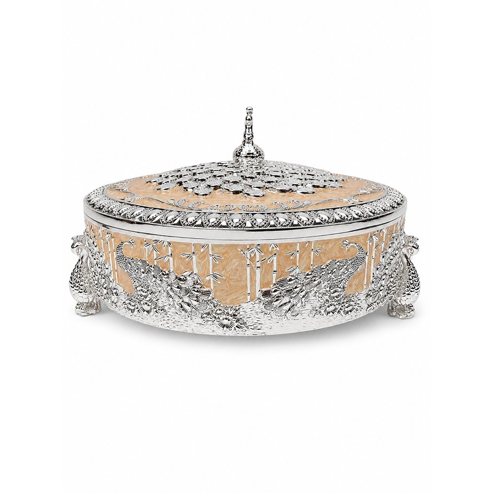 Premium Peacock Design Dry Fruit Box with 4 Compartments – Decorative Silver Plated Serving & Gift Box