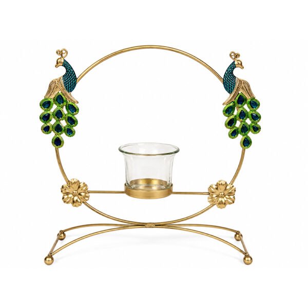 Royal Peacock Metal Tealight Candle Holder with Glass Cup – Decorative Table Centerpiece for Home & Festive Décor