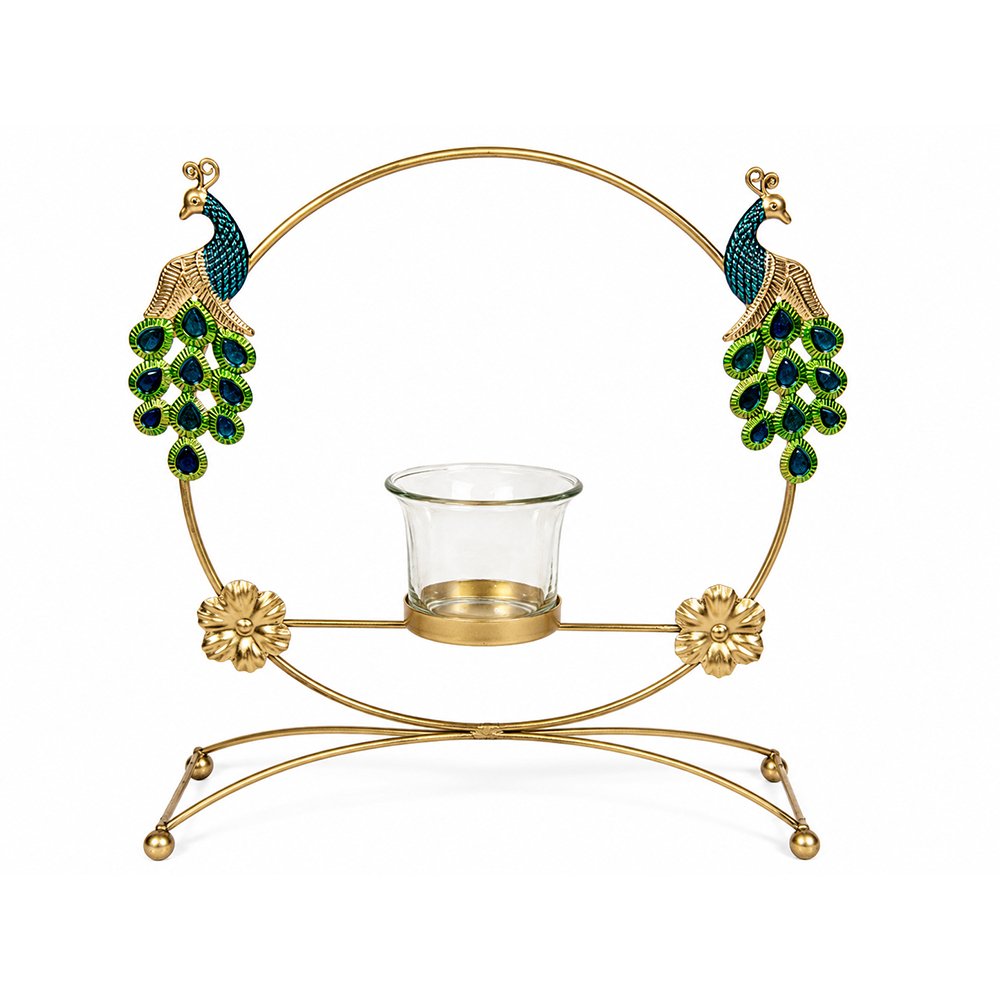 Royal Peacock Metal Tealight Candle Holder with Glass Cup – Decorative Table Centerpiece for Home & Festive Décor
