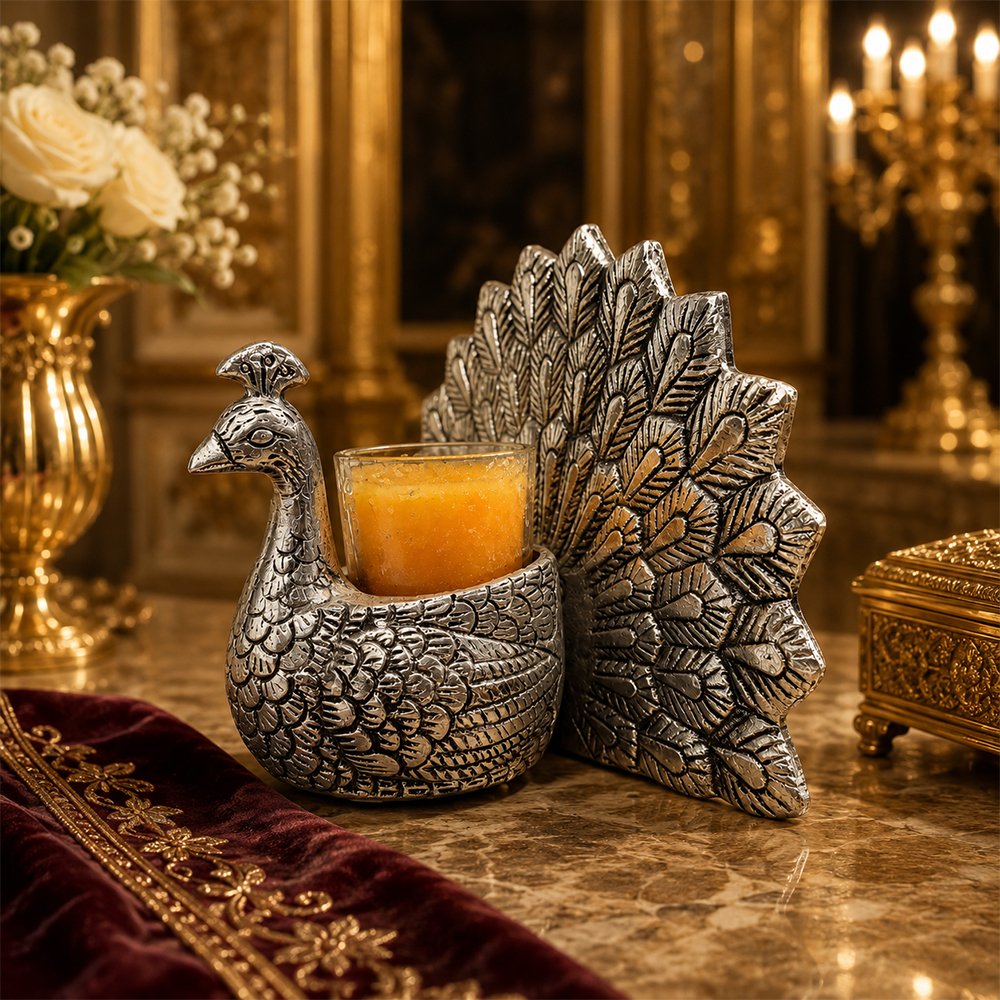 Premium Silver Plated Peacock Tealight Candle Holder | Decorative Devotional Candle Stand for Home Temple & Living Room