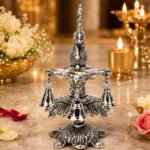 Premium Peacock Three-Wick Aarti Diya with Hanging Bells | Silver Finish Metal Pooja Lamp for Home Temple